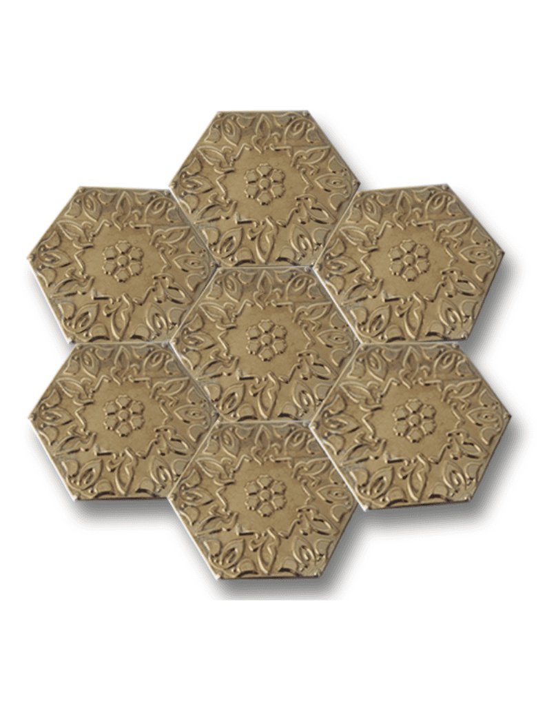 Altıgen Seramik Çini Karo 15x17 -16    Çiçek Desenli Seramik, Altın Renkli Seramik, Altıgen Yer Karoları, Hexagon Seramik, Hexagon Mosaic Tile, Handmade tile Ceramic,