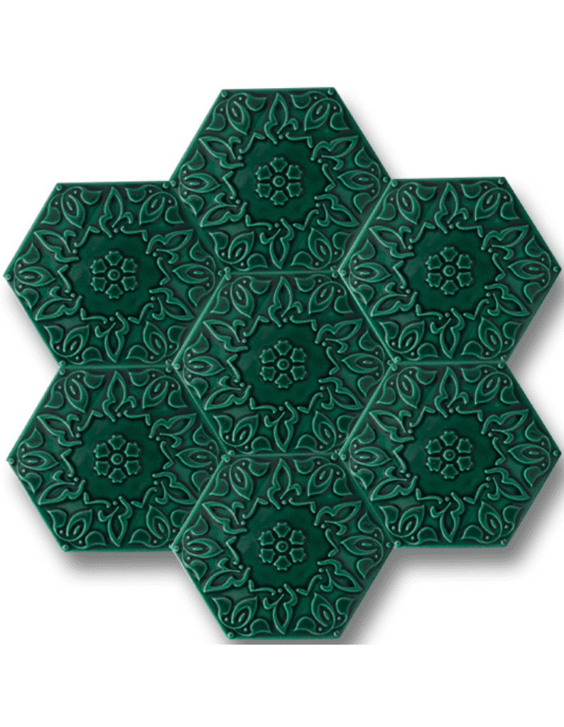 Altıgen  Seramik Çini Karo 15x17 - 02,   Yeni Nesil Altıgen Seramik Karo, Handmade Tile Serami,  Hexagon Seramik, Yeşil Seramik, Yeşil Çini